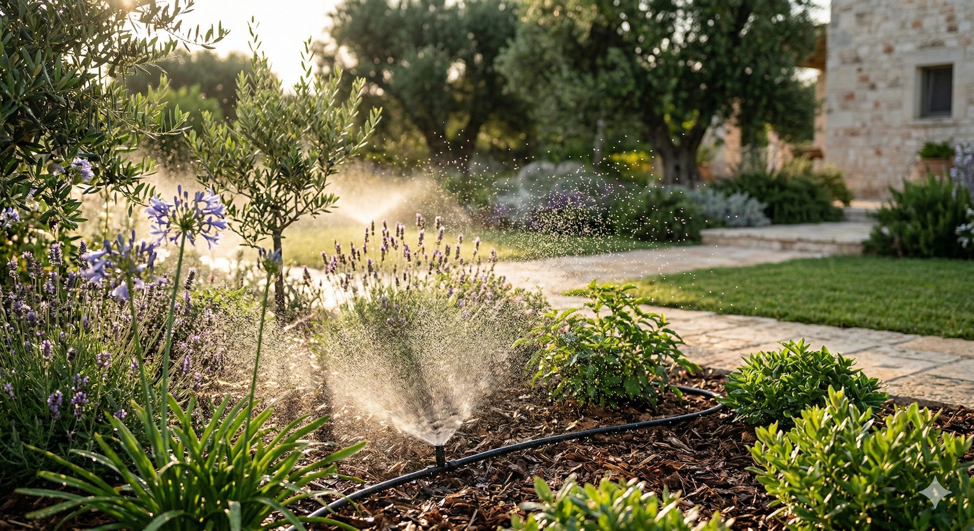 Irrigatore in funzione in un giardino curato